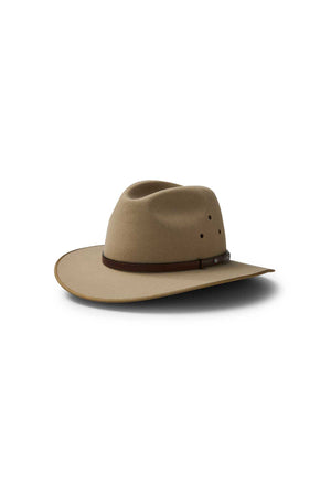 The Akubra Coober Pedy is a light brown, wide-brimmed felt hat with a dark brown band, shown on a white background—an Australian classic.