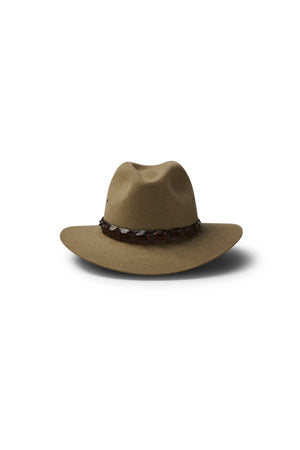 The Akubra Coolabah is a brown, wide-brimmed felt hat in classic Australian style, featuring a crocodile leather band around the crown, displayed on a white background with a soft shadow.