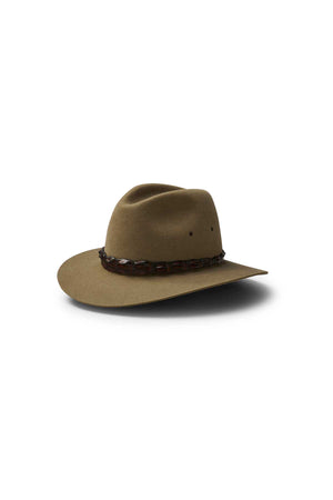 The Akubra Coolabah is a brown Australian-style hat featuring a wide brim and a dark crocodile leather band around the base of the crown, displayed on a white background.