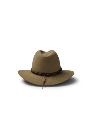 The Akubra Coolabah is a brown felt hat with a wide brim, creased crown, and a braided crocodile leather band, displayed against a white background with a shadow.