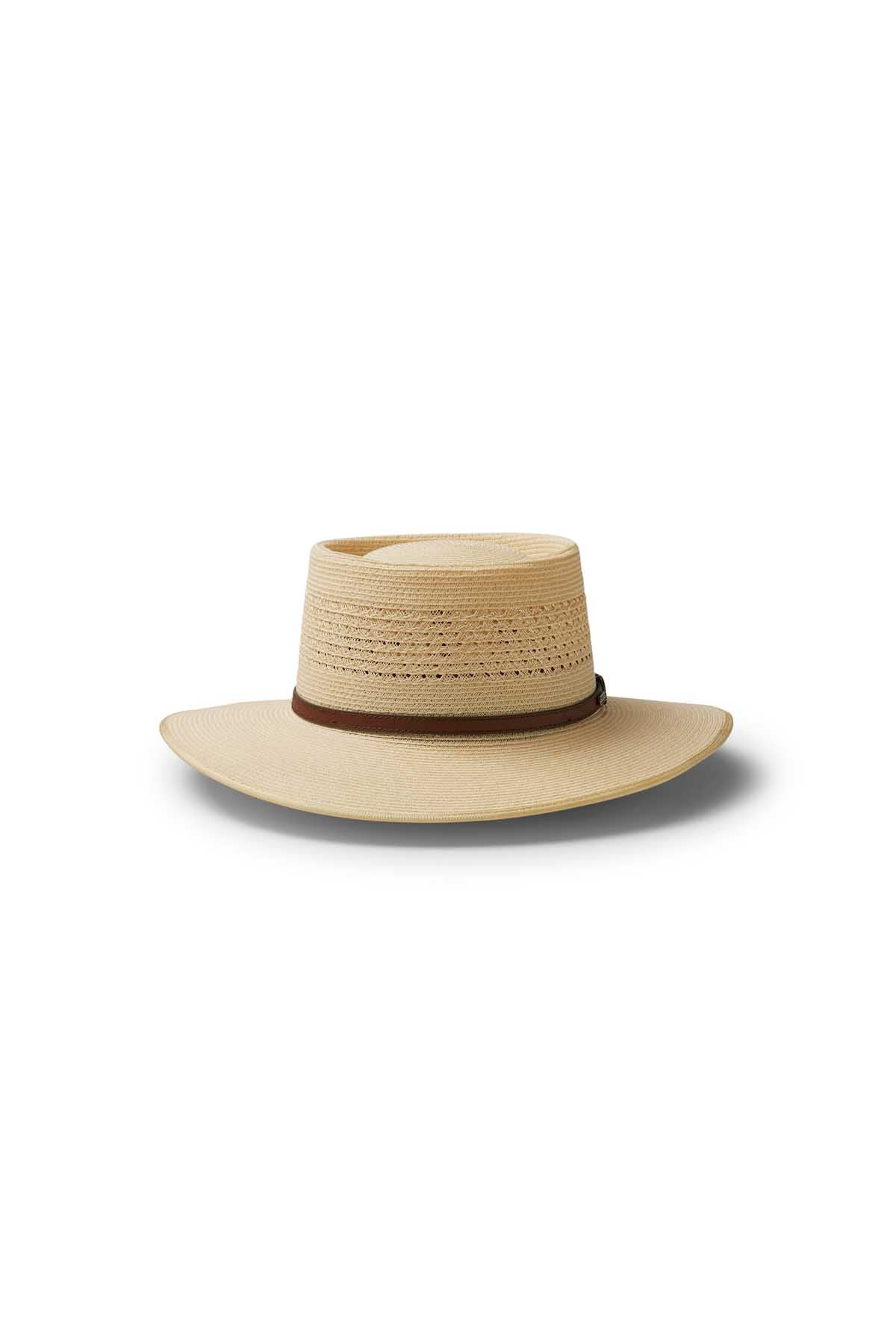 The Akubra Byron Straw Hat features a beige straw build, flat brim, and brown band around the crown, displayed on a white background with a soft shadow—an ideal choice for your go-to summer hat.