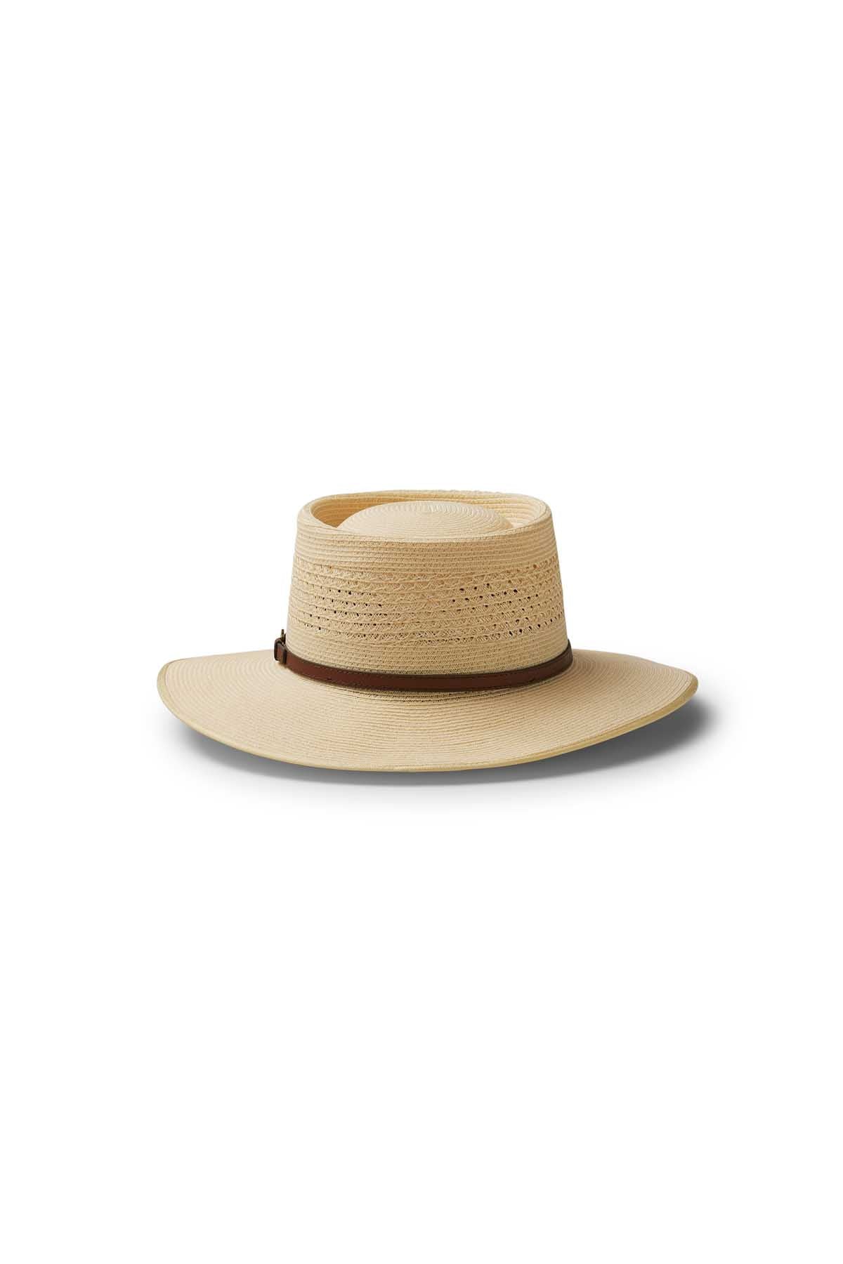 The Akubra Byron Straw Hat is a wide-brimmed, light tan summer hat with a flat crown and brown band, shown on a white background.