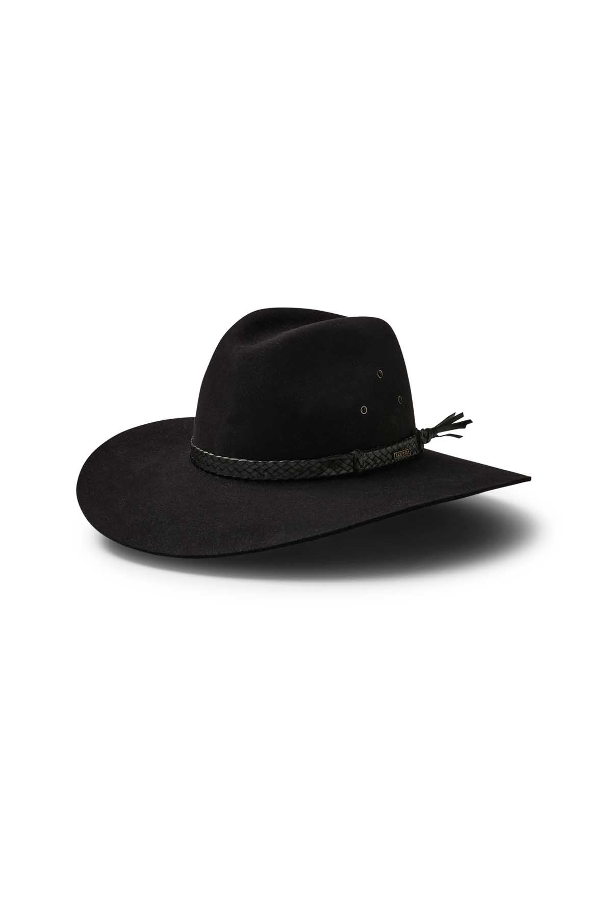 The Akubra Riverina, a black cowboy hat with a broad brim and braided band for great sun protection, displayed on a white background.