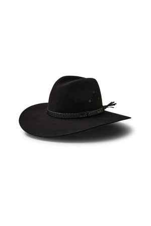 The Akubra Riverina, a black cowboy hat with a broad brim and braided band for great sun protection, displayed on a white background.