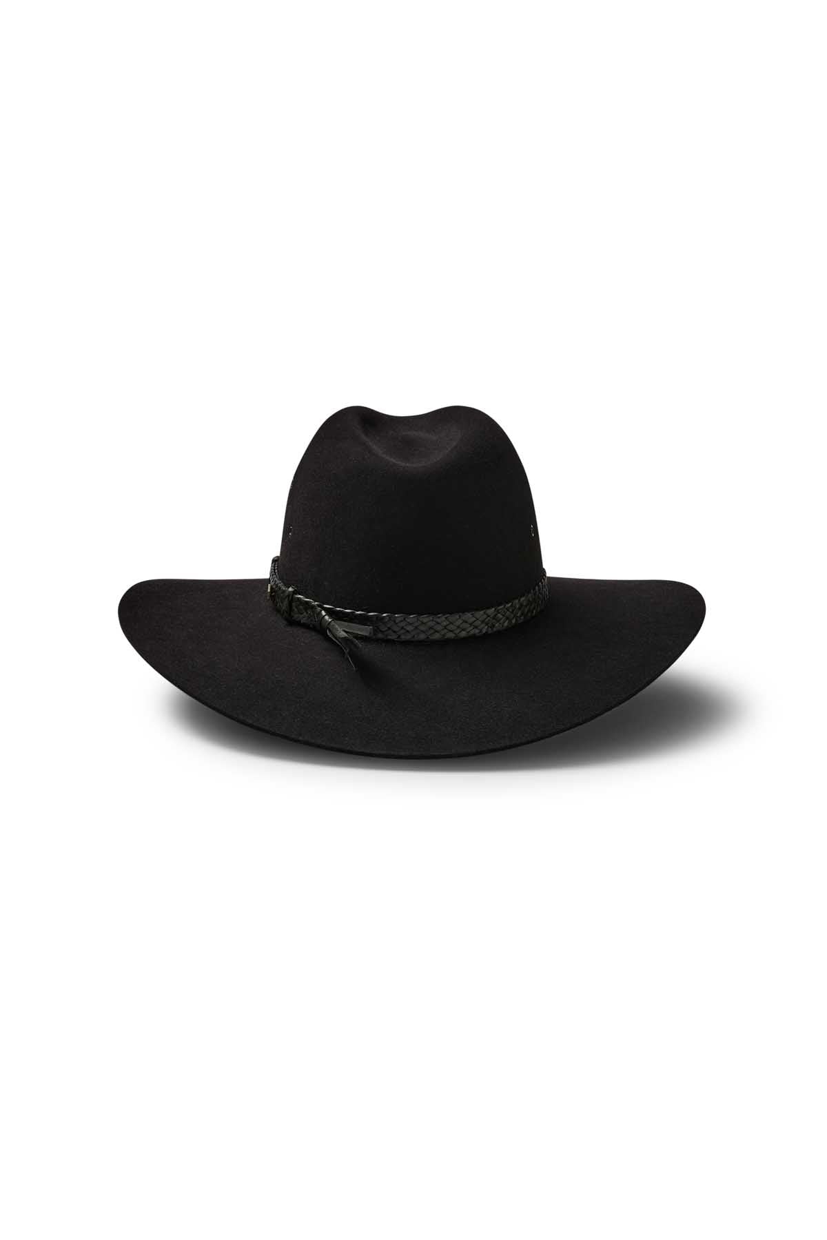 The Akubra Riverina, a broad-brim black felt hat with a braided black crown band, is displayed against a white background with a soft shadow, blending classic style and sun protection.