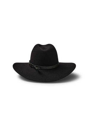 The Akubra Riverina, a broad-brim black felt hat with a braided black crown band, is displayed against a white background with a soft shadow, blending classic style and sun protection.