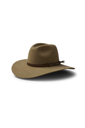The Akubra Riverina is a tan hat with a broad brim and a braided brown band around the crown, displayed on a white background with a shadow underneath.