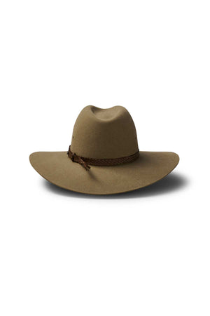 The Akubra Riverina is a wide-brimmed brown felt hat with a creased crown and braided leather band, shown against a white background with a shadow—classic style for timeless appeal.