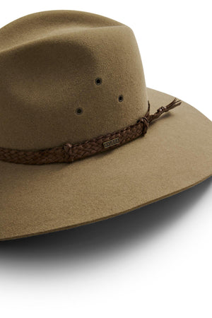 The Akubra Riverina is a light brown felt hat with a wide brim, a braided leather band, and crown ventilation holes—perfect sun protection for the Riverina.