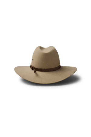 The Akubra Riverina is a wide-brimmed, light brown cowboy hat with a creased crown, braided brown band, and comfortable leather sweatband, shown on a white background with a soft shadow.