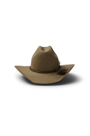 The Akubra Rough Rider is a brown felt cowboy hat with a wide brim, creased crown, braided hatband, and decorative feather—durable and perfect for any adventure, shown on a white background with a shadow beneath.