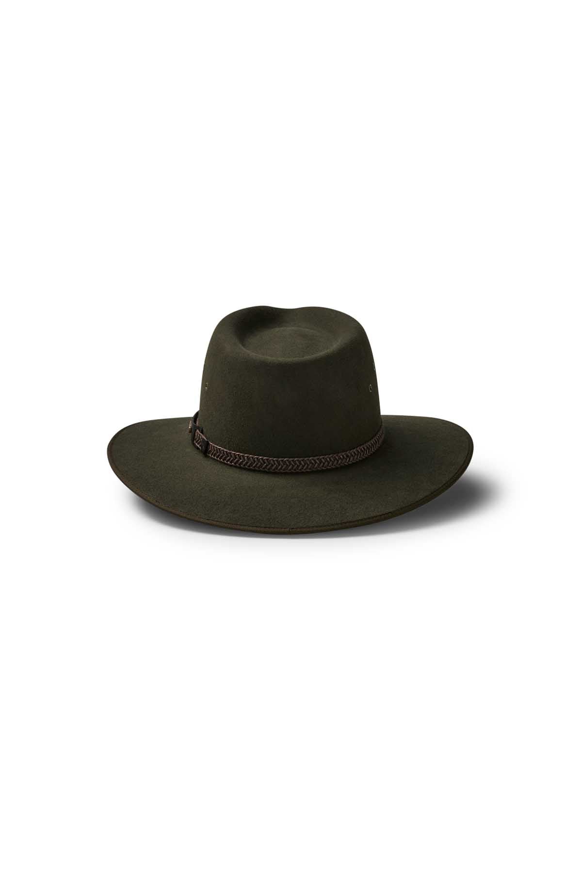 The Akubra Tablelands is a dark olive wide-brimmed hat featuring a creased crown and braided brown band, crafted for practicality and style, shown against a white background.