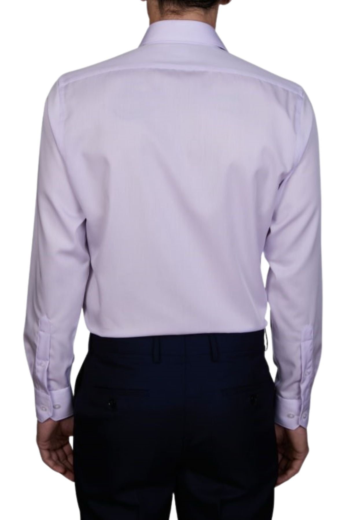 A person is seen from the back, wearing the Abelard Non Iron Cotton Twill Slim Fit Shirt in light purple with buttoned cuffs and dark trousers. The shirt is neatly tucked in, and the background is plain white.