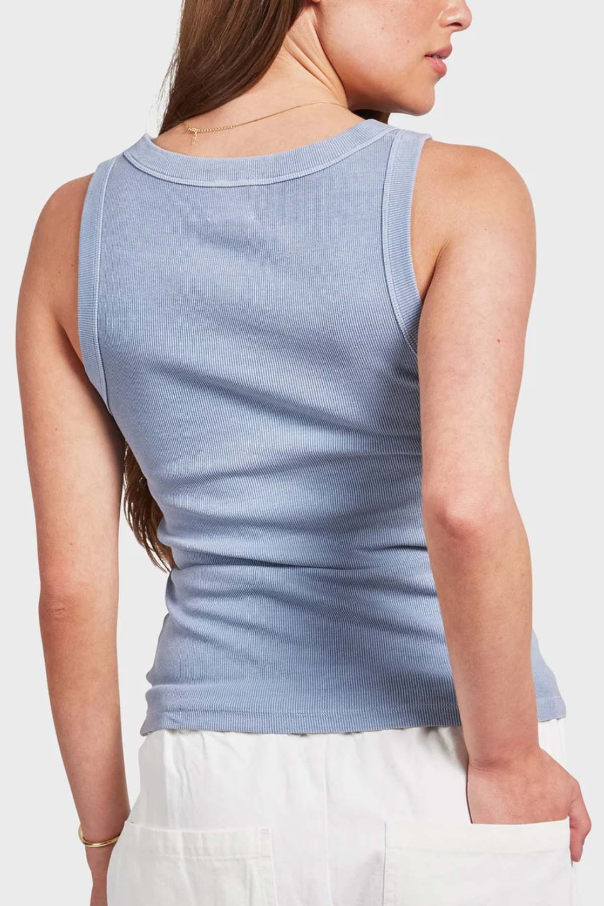 Academy Women Essential Rib Tank - Lavender Ash. Back image of ribbed tank top with a scoop neckline