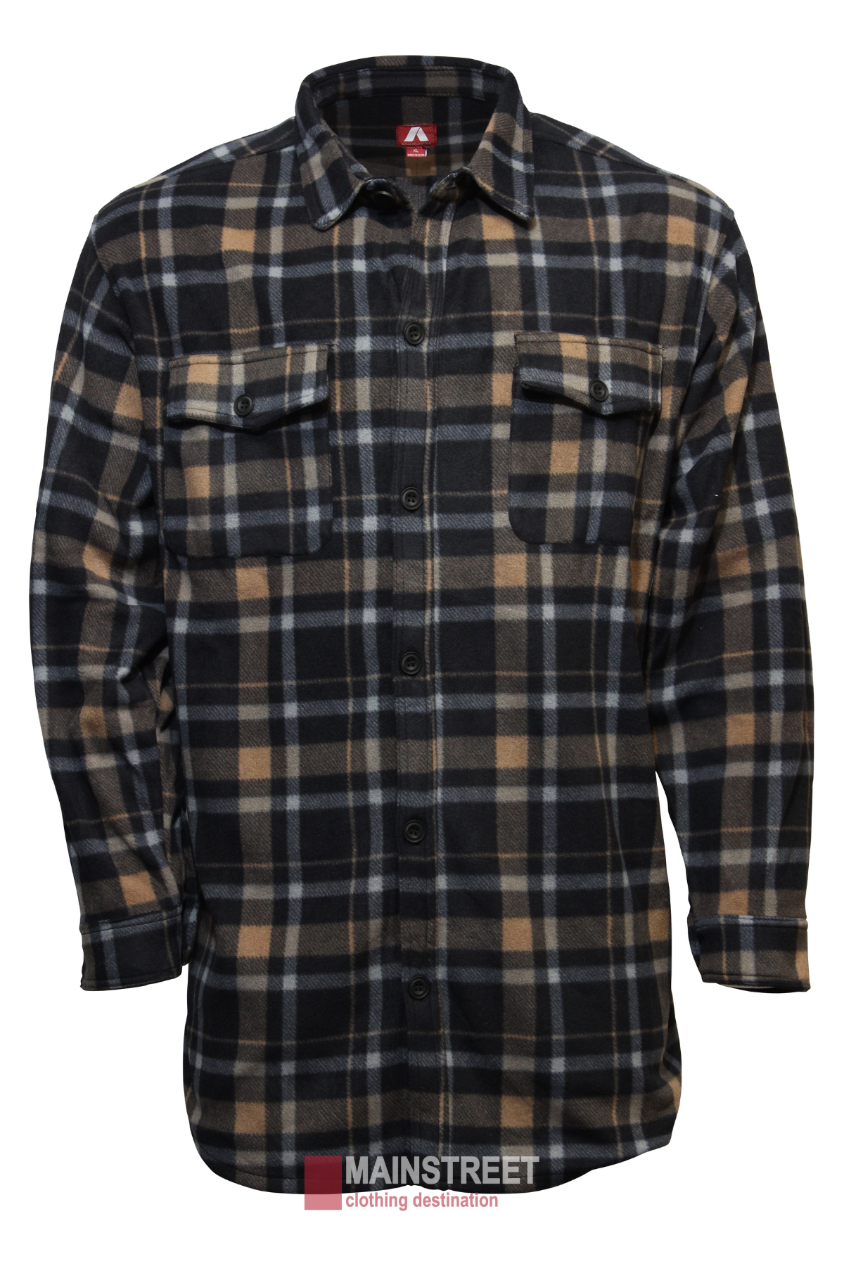 The Adventureline Drovers Shirt, in black, gray, and beige plaid Polar Fleece with long sleeves, button-up front, and two chest pockets is shown on a white background with a "Mainstreet clothing destination" logo at the bottom.