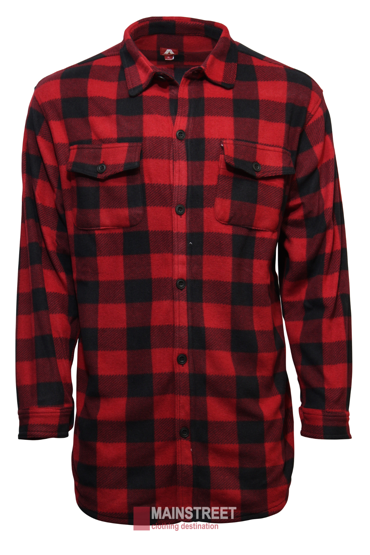 The Adventureline Drovers Shirt is a long-sleeved, button-up flannel featuring a red and black buffalo check pattern, ideal for outdoor adventures. This shirt includes two chest pockets with button flaps and has the "MAINSTREET Clothing Destination" label at the bottom.