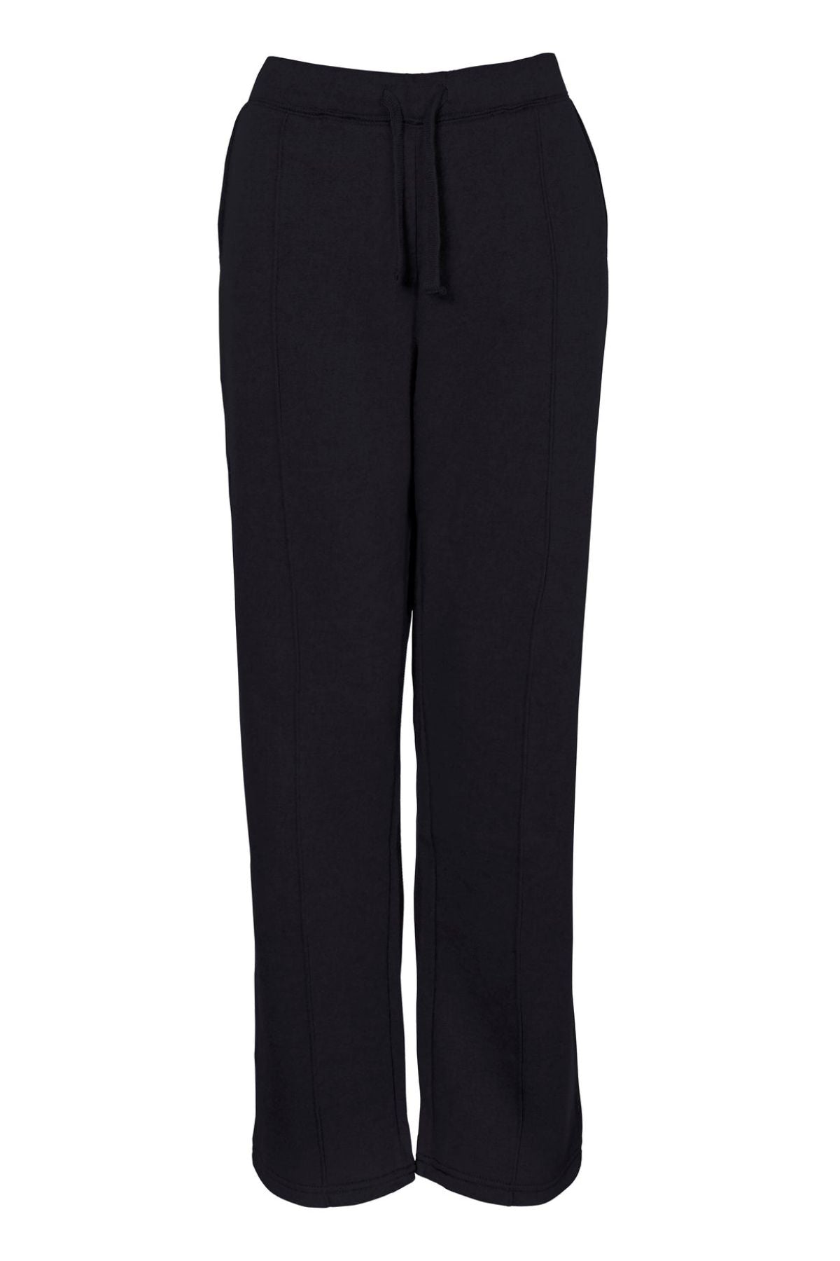 Adventureline Fleece Lined Trackpant in black, featuring a straight-leg fit, elastic waistband with drawstring tie, and side pockets, shown on a plain white background.
