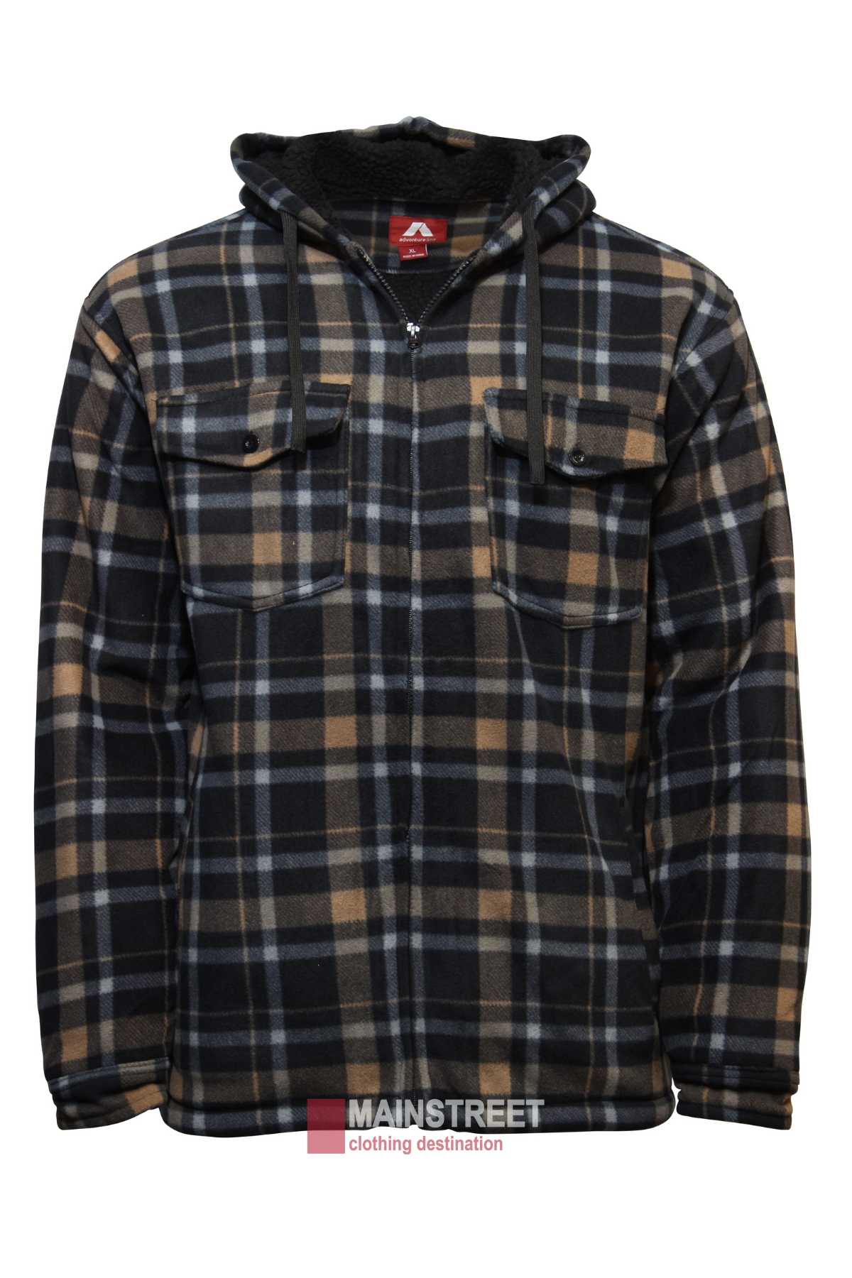The Adventureline Nomad Hoodie is a zip-up jacket in black, beige, and white plaid with a sherpa-lined hood, two buttoned chest pockets, and made from 100% polyester, shown against a white background.