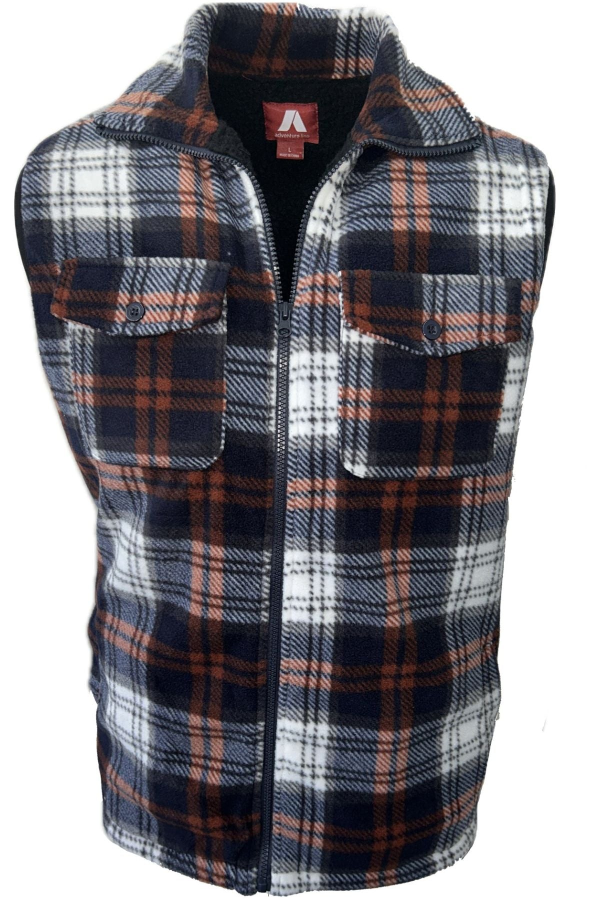 The Adventureline Sherpa Shearers Vest is a sleeveless zip-up vest with a navy, orange, and white plaid pattern, two chest pockets with button flaps, and a durable outer layer.