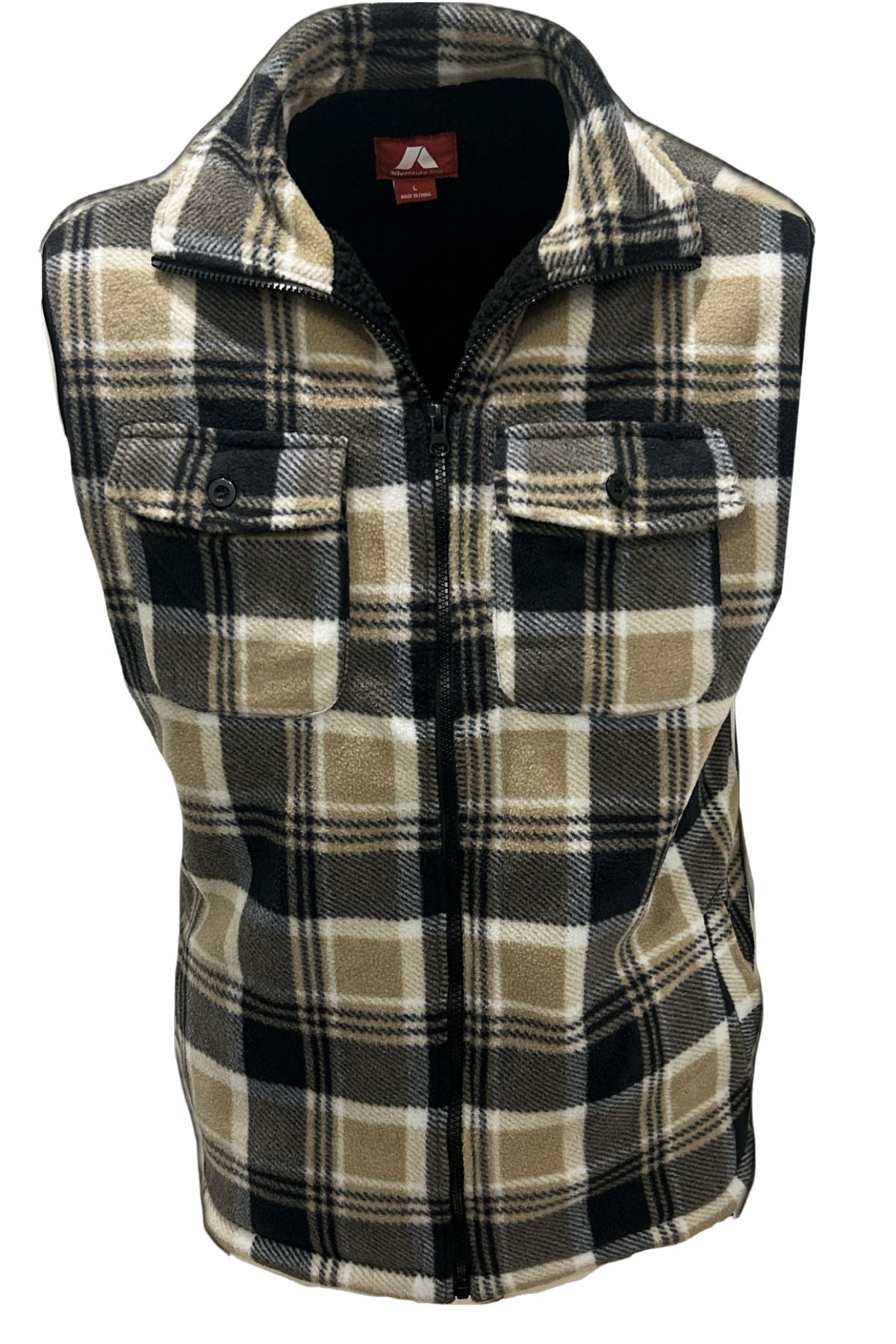 The Adventureline Sherpa Shearers Vest is a rugged, sleeveless zip-up with a black, tan, and white plaid pattern, two button-flap chest pockets, and a high collar.