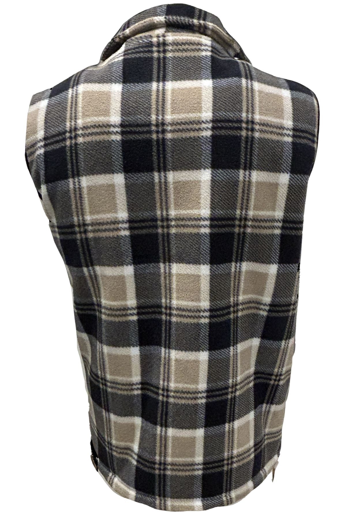 The Adventureline Sherpa Shearers Vest features a rugged large plaid pattern in black, beige, and white, displayed sleeveless from the back against a white background.