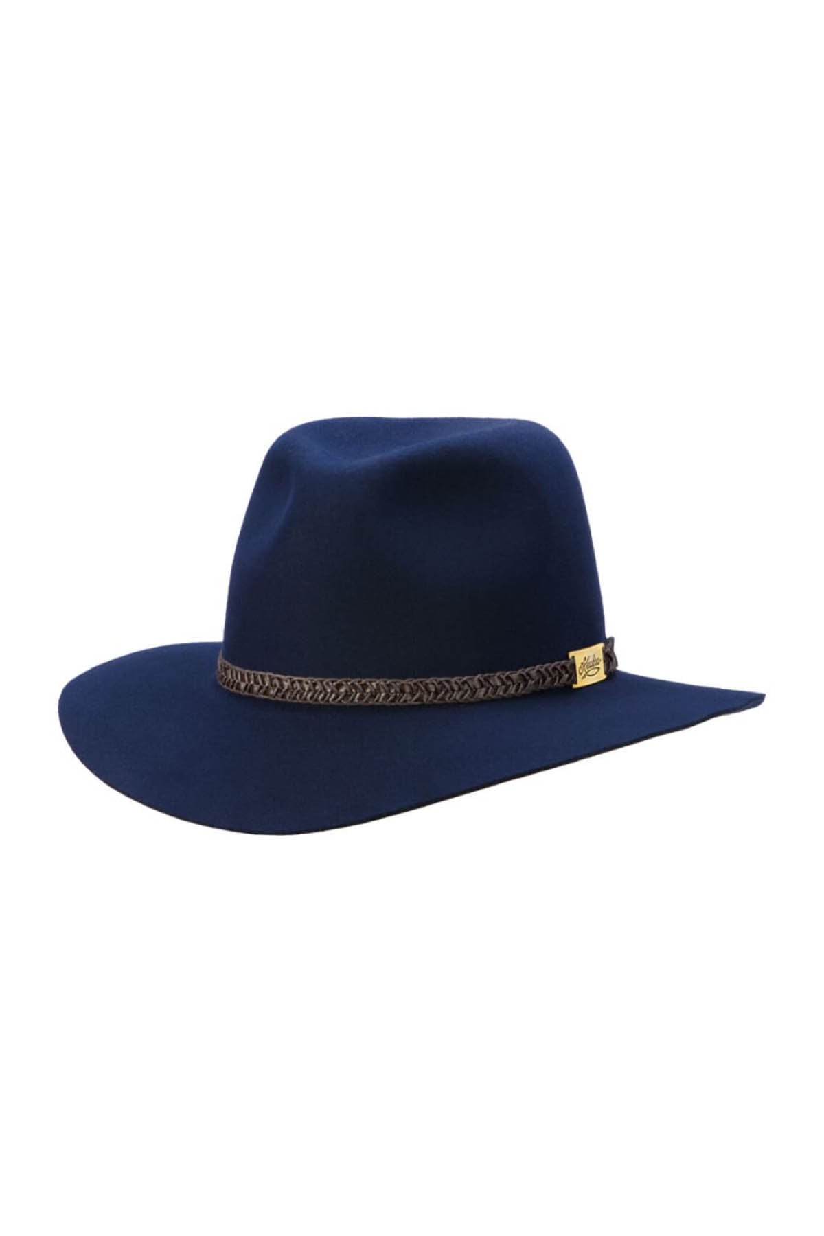The Akubra Avalon is a dark blue wide-brimmed fedora hat, featuring a decorative braided band at the base of the crown and a small gold emblem.