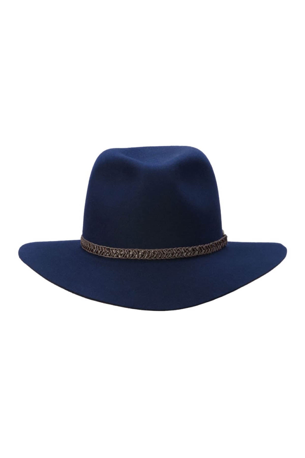 The Akubra Avalon is a dark blue wide-brimmed hat featuring a decorative brown braided band around the crown, showcased against a plain white background.