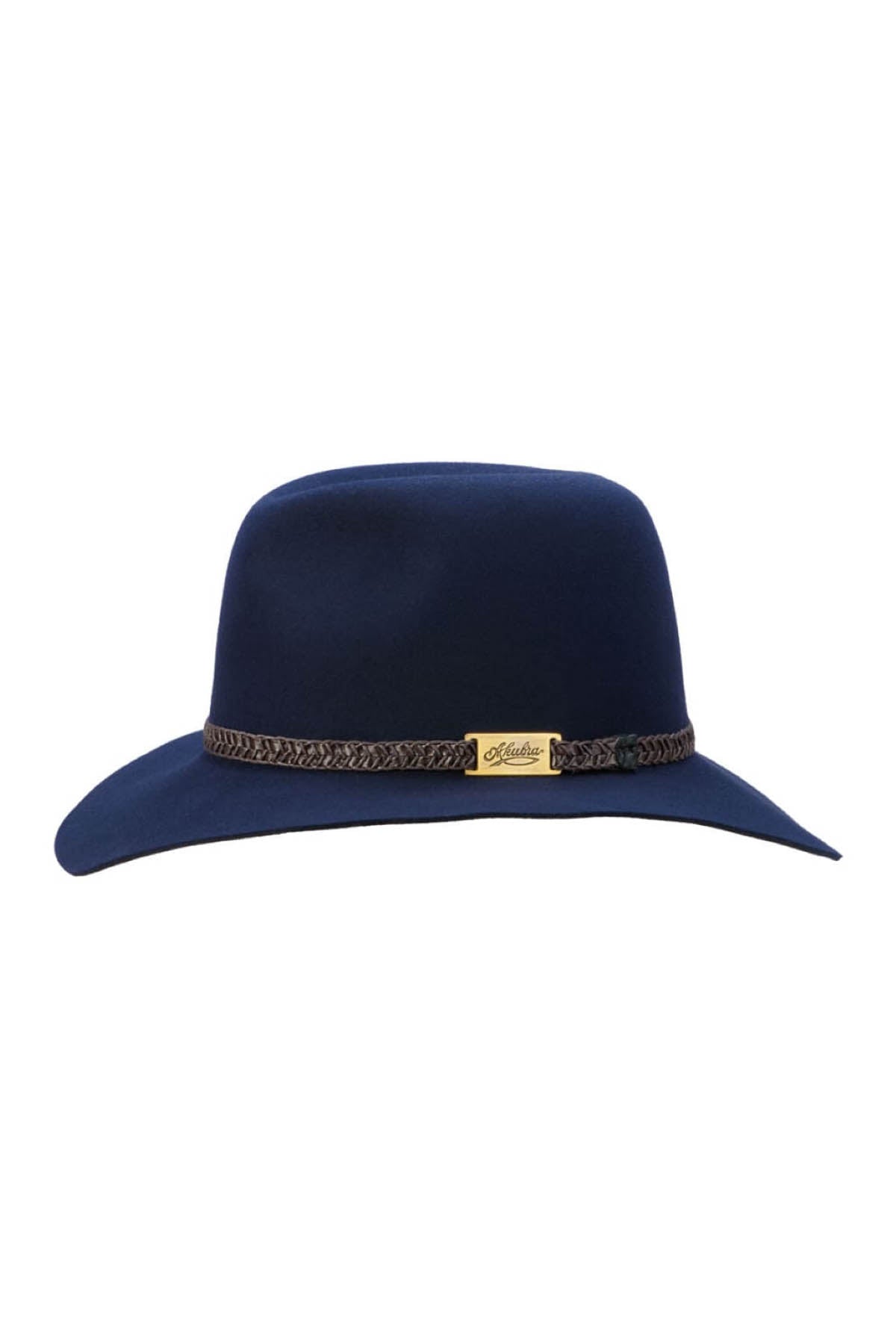 The Akubra Avalon is a navy blue felt hat with a wide brim, featuring a decorative brown braided band and a small rectangular gold tag on the side.