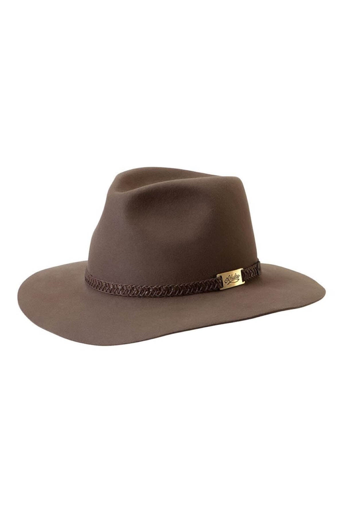 The Akubra Avalon hat features a brown, wide brim and a braided band with a small gold badge. Made from soft felt, it has a smooth texture and classic fedora style, making it an ideal unisex accessory for any occasion.