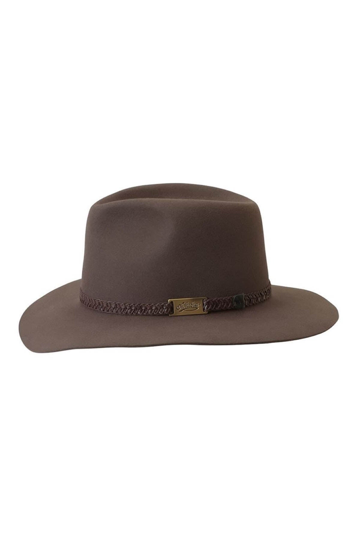 The unisex Akubra Avalon hat features a wide-brim design in brown soft felt, complete with a braided band and an elegant metallic emblem on the side.