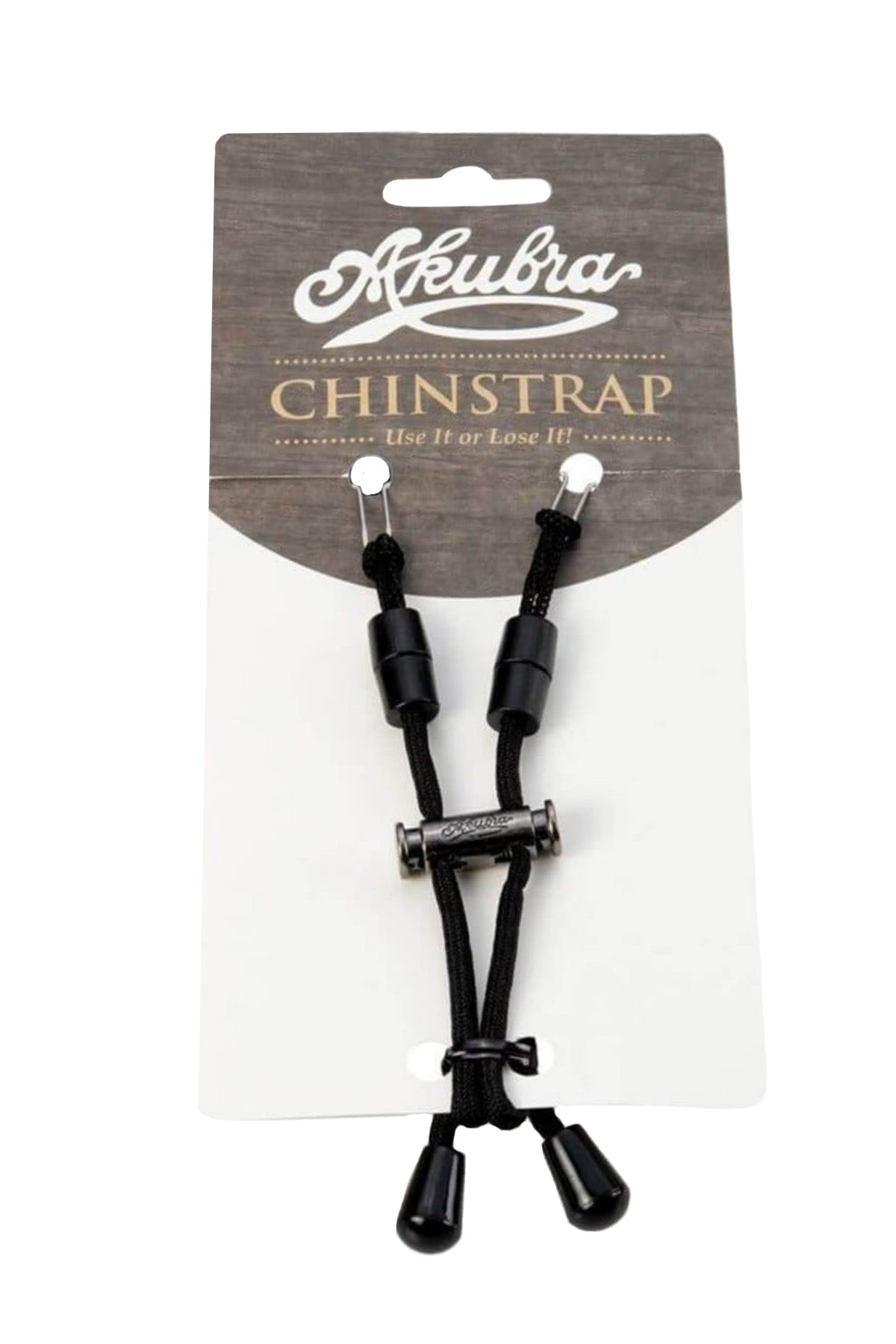 An Akubra Chinstrap with black cords, adjustable toggles, and a metal clip, packaged featuring the Akubra logo and the tagline "Use It or Lose It!" in brown and white text on a grey background.