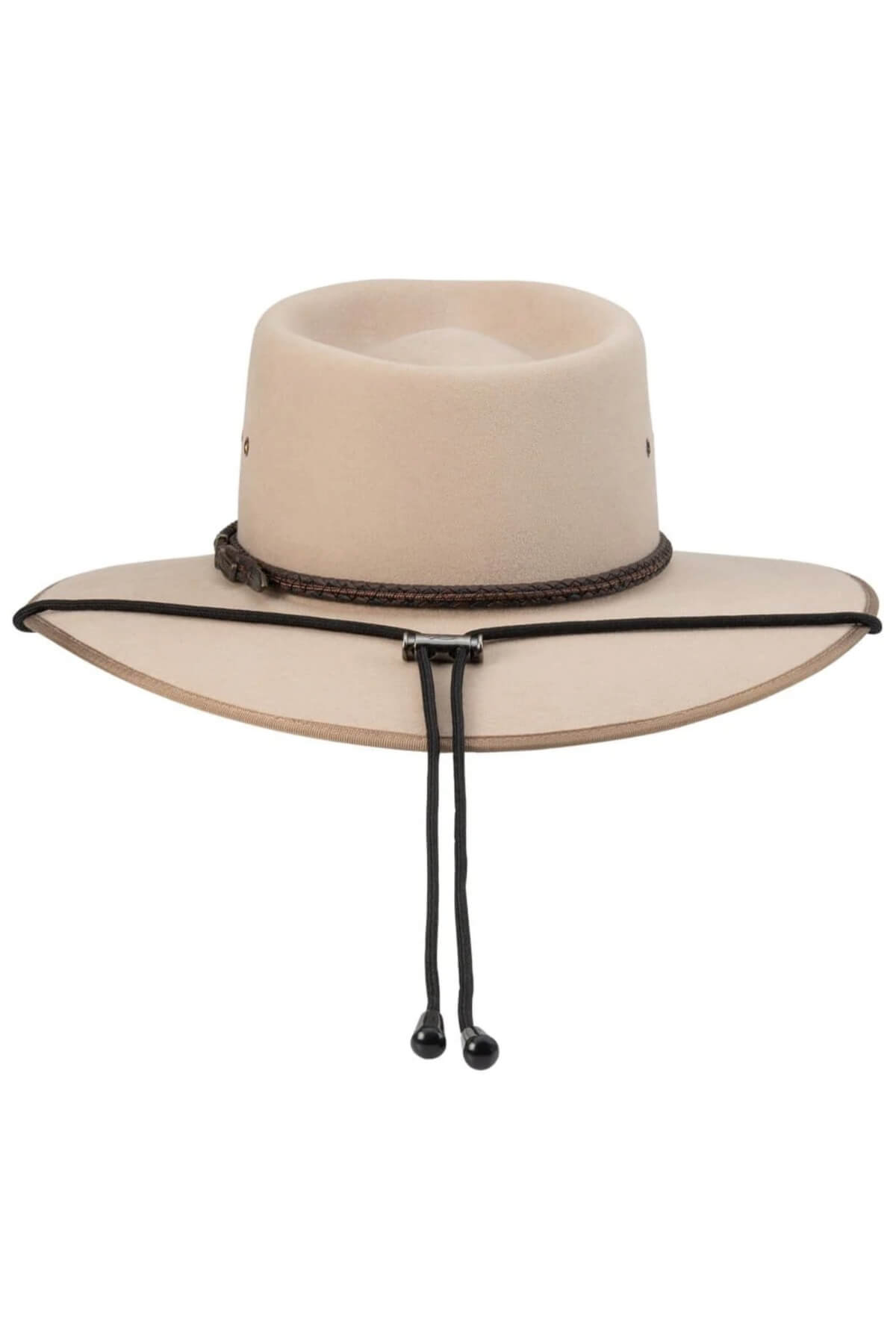 Product Description: The Akubra Chinstrap features a wide-brimmed, beige Akubra hat with a flat crown. It includes a black chinstrap adorned with two dangling cords and beads for added style. The hat is enhanced by a decorative braided band above the brim, along with two small ventilation holes on each side of the crown for comfort.