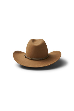The Akubra Dusty Dawn is a brown Western-style hat featuring a curved brim and decorative band, shown on a white background with a subtle shadow. It combines classic charm with sun-smart UPF 50+ protection.