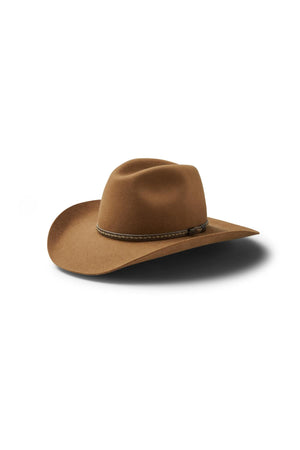 The Akubra Dusty Dawn is a brown felt Western-style hat with a curved brim and decorative band, displayed on a white background. It offers classic charm and reliable UPF 50+ sun protection.