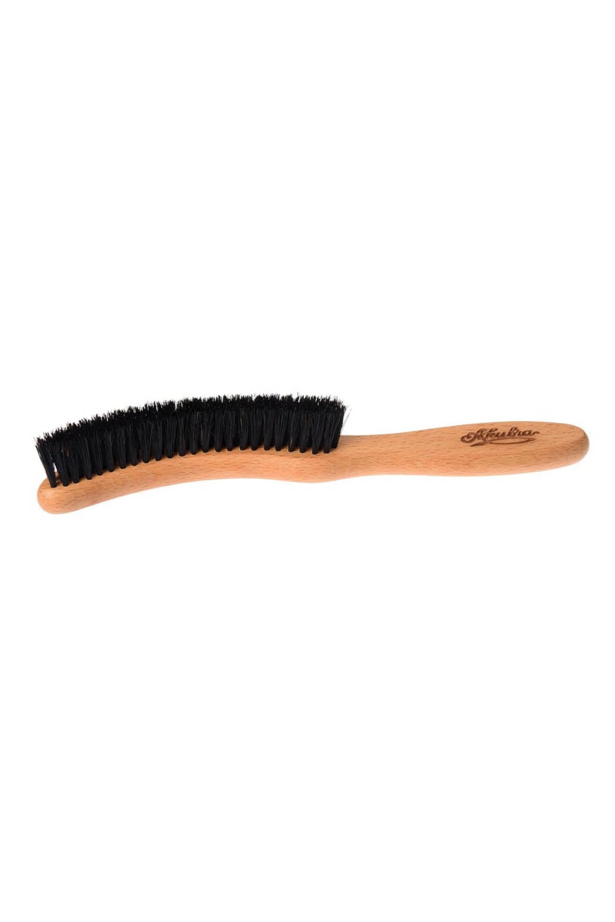 The Akubra Hat Brush is a curved beechwood brush with densely packed, black horse hair bristles. The handle features a logo with text and has an ergonomic design for easy handling.