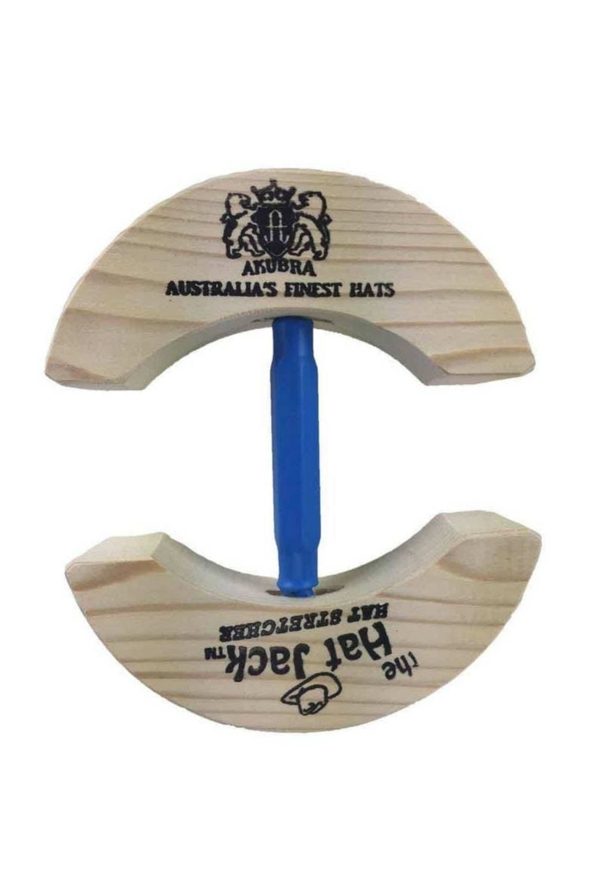 The Akubra Hat Stretcher - Medium 57-60cm is a wooden hat stretcher with a blue adjustable center rod. It features the logo and text "Akubra Australia's Finest Hats" on the top half and "The Hat Jack Hat Stretcher" with a small image of a hat on the bottom half, making it perfect for prolonging the life of your hats.