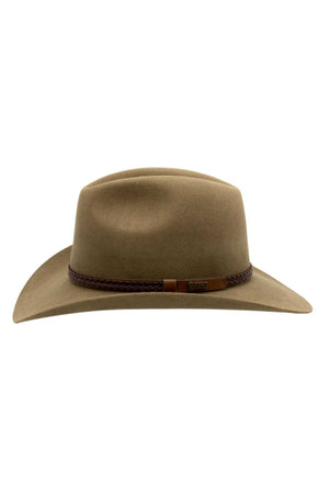 The Akubra Kiandra is a brown wide-brimmed hat, crafted in Australia from rabbit fur felt. It boasts a braided leather hatband and a small metallic accent on the front. The sides of the brim curve slightly upward, and its crown has a distinctive dented design.