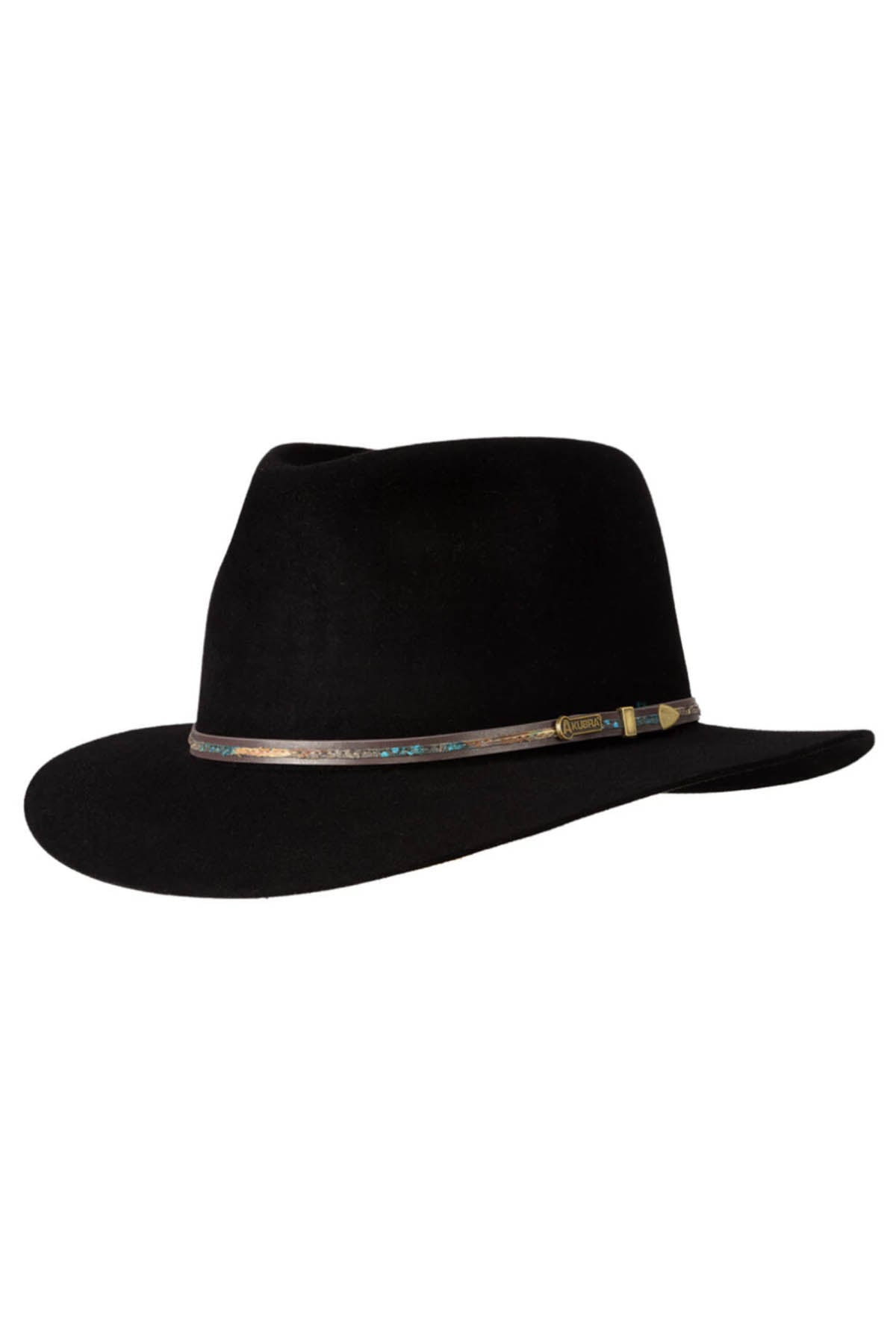 The Akubra Leisure Time is a black felt fedora hat with a wide brim displayed on a white background. This unisex hat features a decorative band with a small metallic emblem, offering both style and versatility.