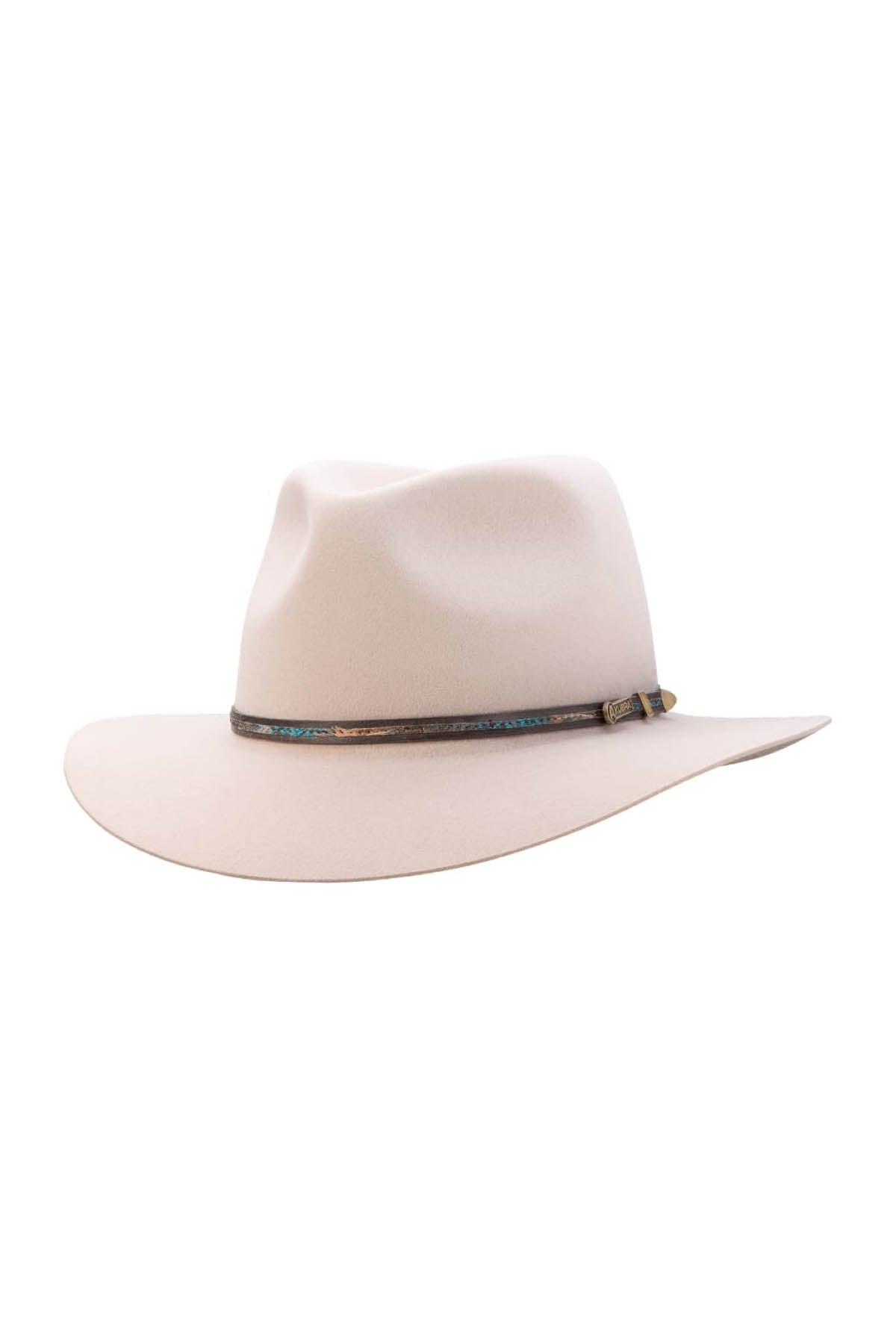 The Akubra Leisure Time is a wide-brimmed cowboy hat in light beige, featuring a decorative band adorned with small turquoise embellishments. It is pictured on a white background, showcasing its classic style and detailed trim.