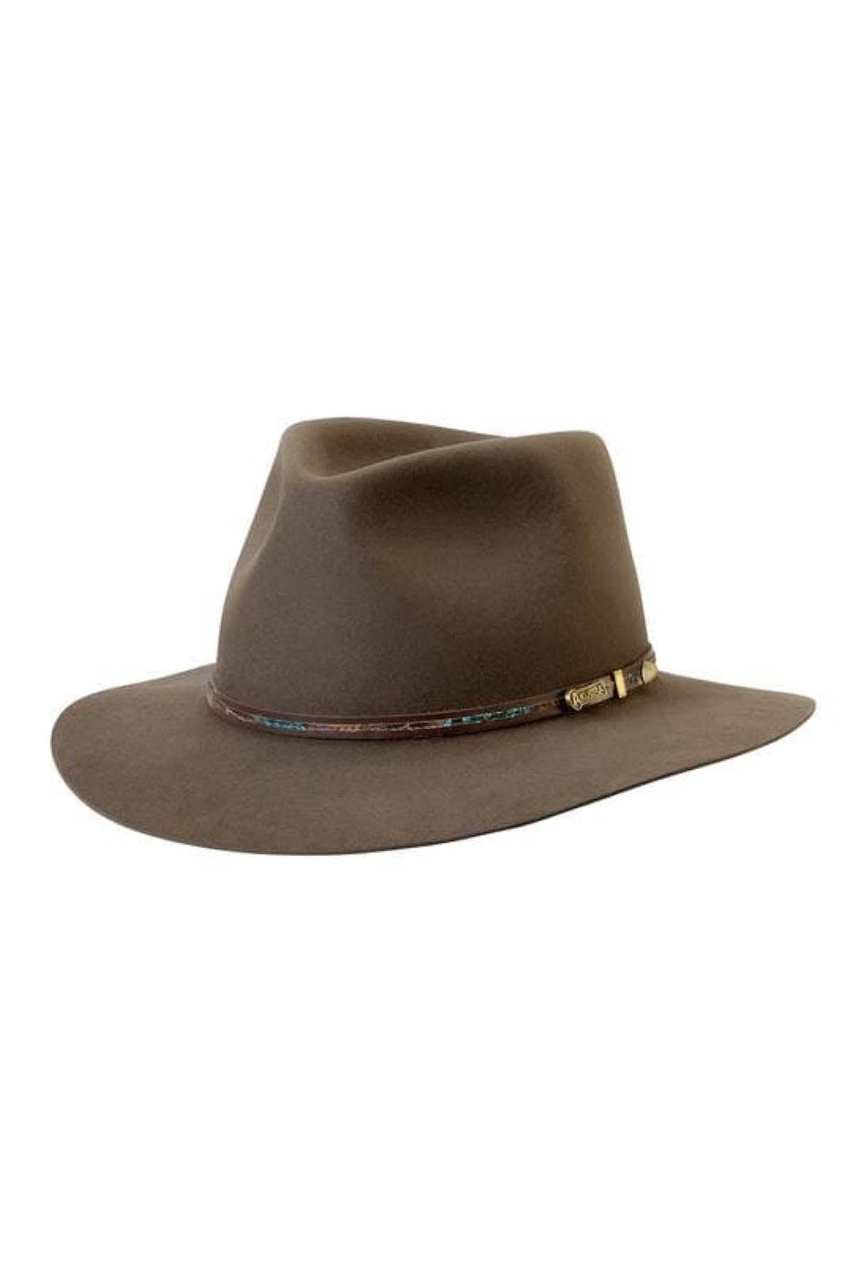 The Akubra Leisure Time is a brown fedora hat with a wide brim and a dark band around the base of the crown.