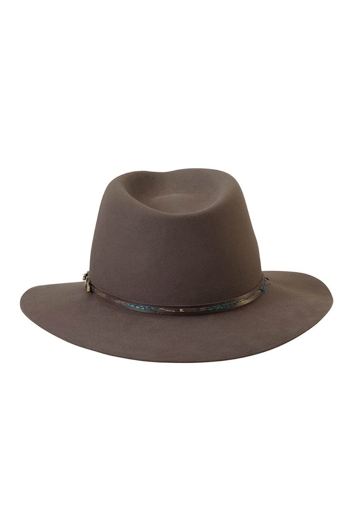 The Akubra Leisure Time is a brown wide-brimmed fedora with a slightly indented crown and a decorative patterned band, featuring a small metallic accent.