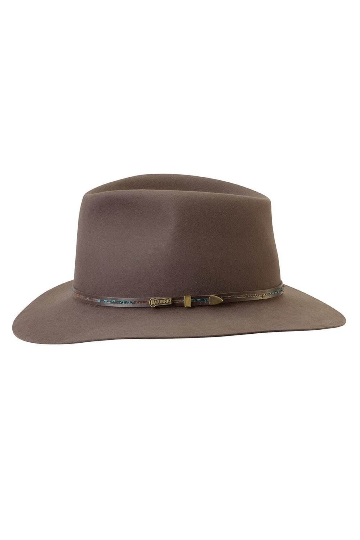The Akubra Leisure Time is a brown wide-brimmed fedora with a thin band around the base, adorned with a small label and patterned detailing, all in a simple, classic design.
