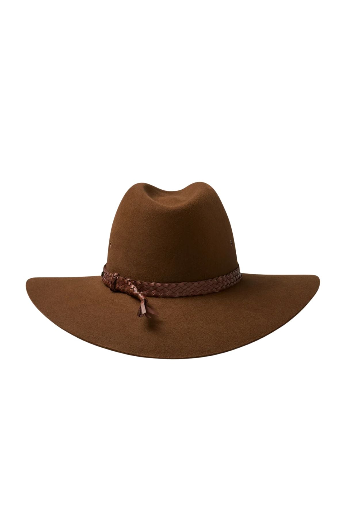The Akubra Riverina is a wide-brimmed brown felt hat with a braided band, designed for broad brim sun protection, shown here against a white background.