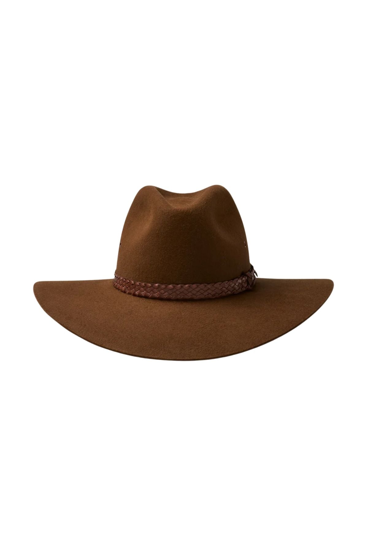 The Akubra Riverina is a brown felt hat with a wide brim and braided leather band, designed for sun protection. Shown against a white background.