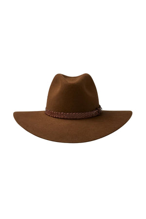 The Akubra Riverina is a brown felt hat with a wide brim and braided leather band, designed for sun protection. Shown against a white background.