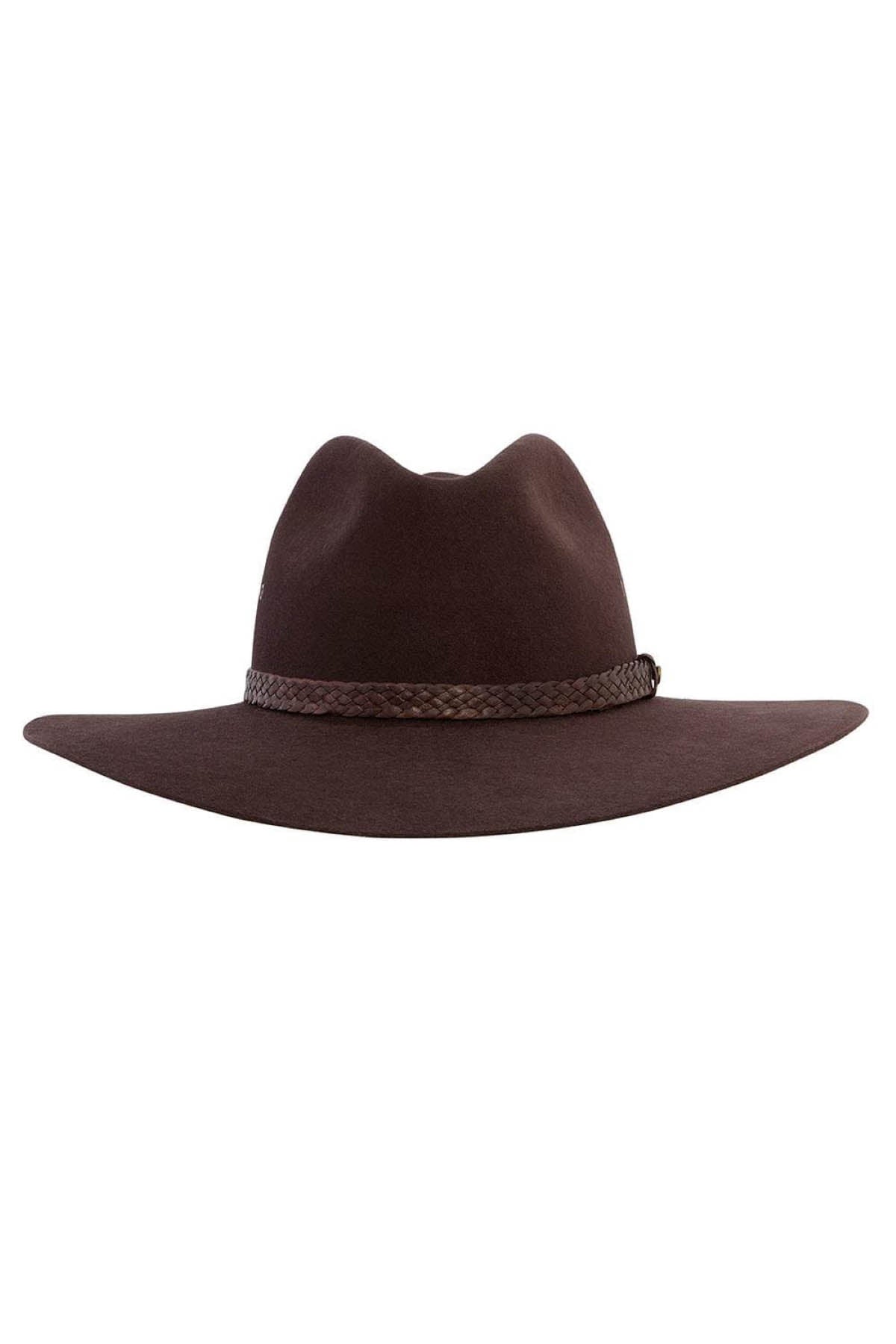 The Akubra Riverina is a dark brown, wide-brimmed fedora hat made from rabbit fur felt with a braided band around the crown base. This stylish accessory provides excellent sun protection and is displayed against a white background.