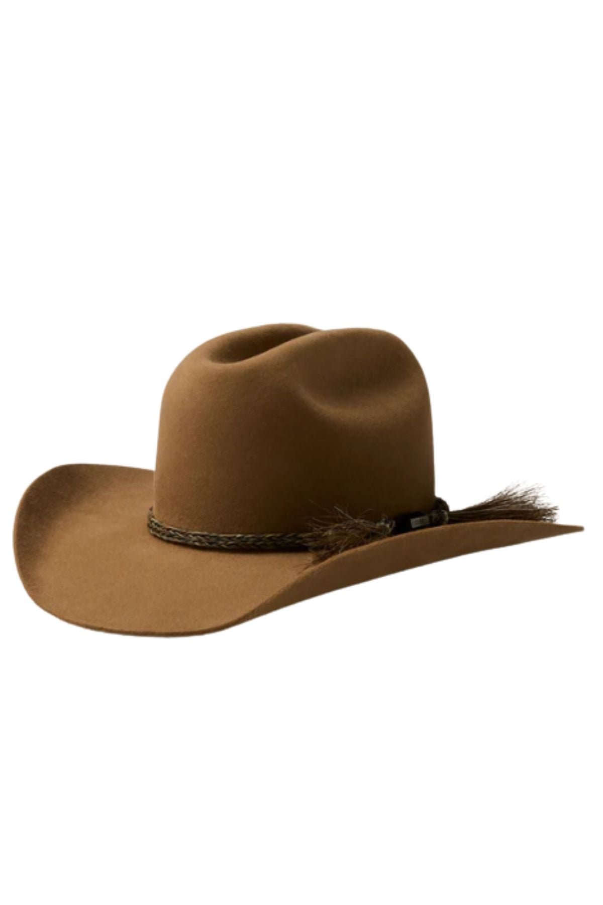 The Akubra Rough Rider is a durable cowboy hat with a wide brim and braided band featuring a decorative tassel, shown on a white background.