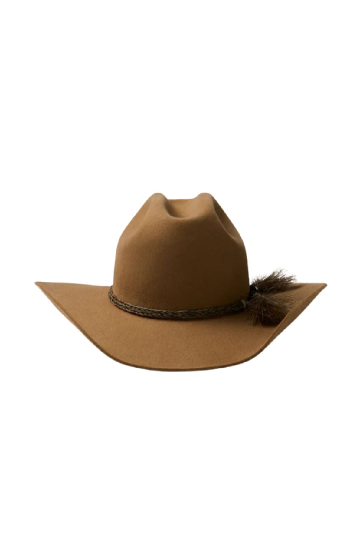 The Akubra Rough Rider is a brown cowboy hat with a wide brim, braided hatband, and feather detail on the side, displayed on a white background—an iconic and durable choice for any adventure.