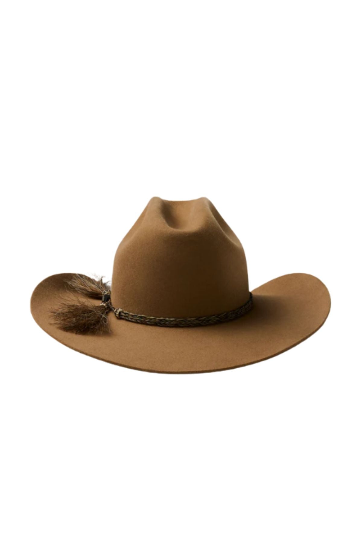 The Akubra Rough Rider is a brown wide-brimmed hat featuring a braided band and decorative feather, shown against a plain white background.
