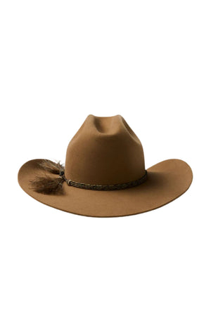 The Akubra Rough Rider is a brown wide-brimmed hat featuring a braided band and decorative feather, shown against a plain white background.